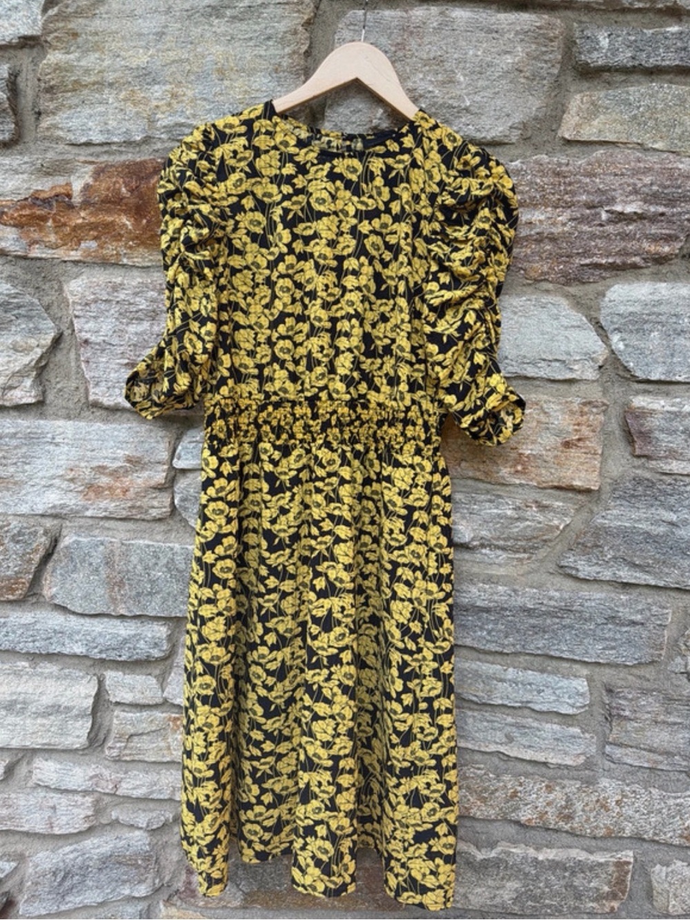 Who What Wear Yellow Floral Midi Dress - Puff Sleeve, Smocked Waist